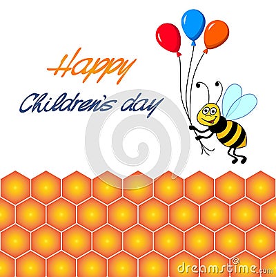 illustration, cartoon cute bee flying on honeycomb with three balloons, yellow Vector Illustration